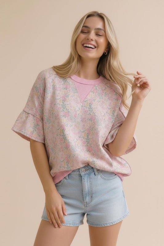 Oversized French Terry Floral Color Block Crew Neck Pullover