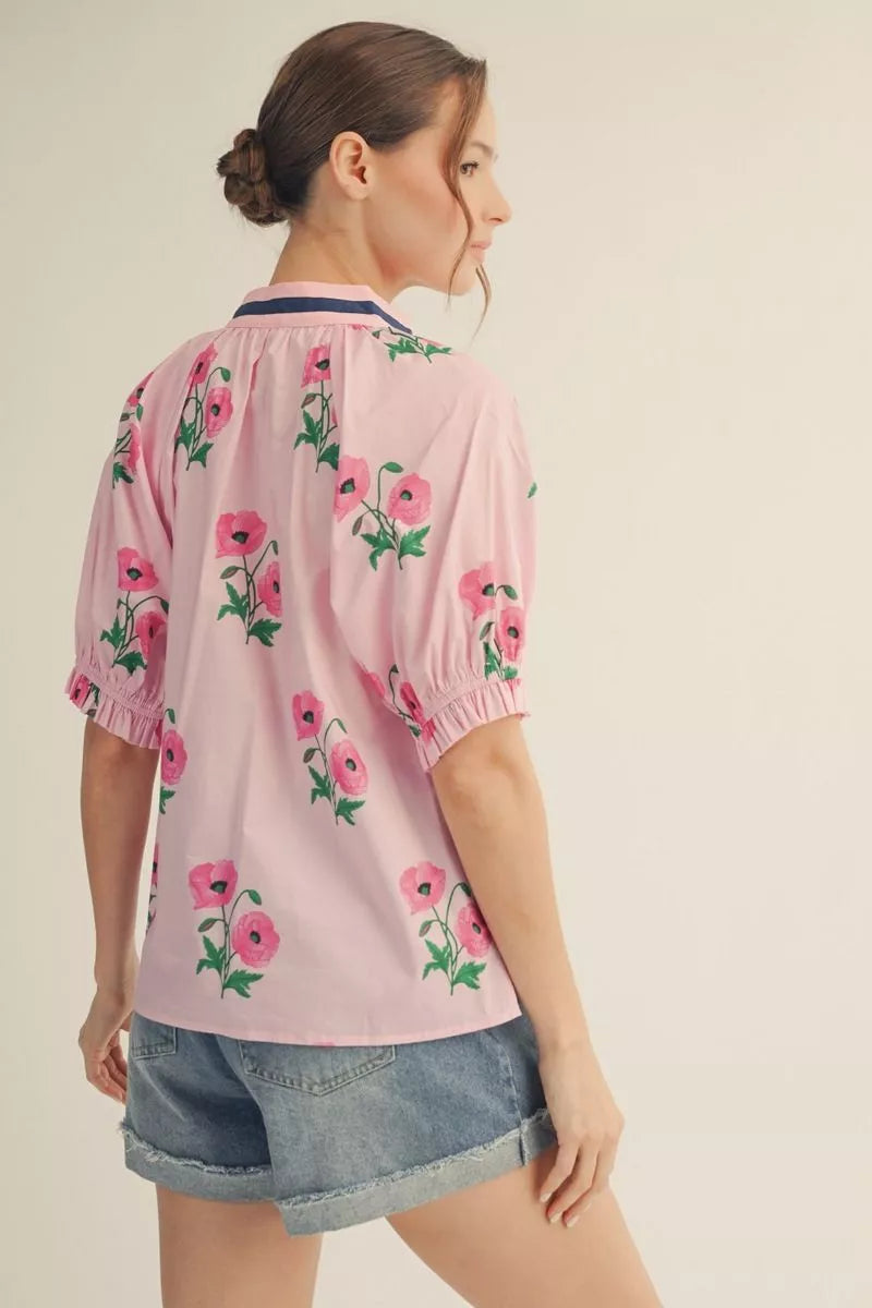Floral Drop Shoulder Top with Ruffle Sleeve Cuffs