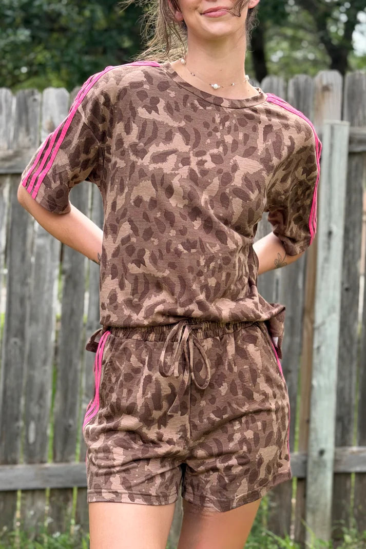 Brown Leopard Short Set with Pink Trim