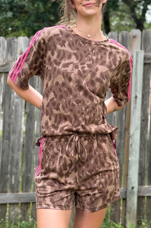 Brown Leopard Short Set with Pink Trim