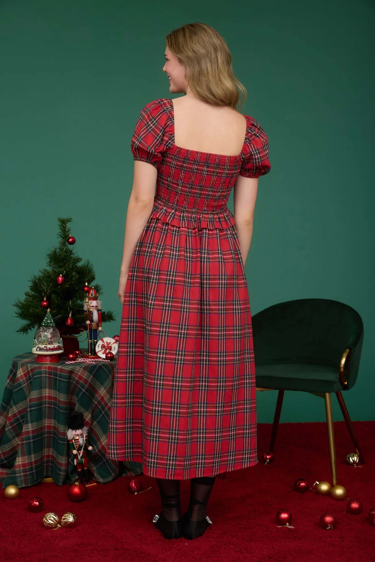 Holiday Plaid Puff Sleeve Velvet Trim Midi Dress