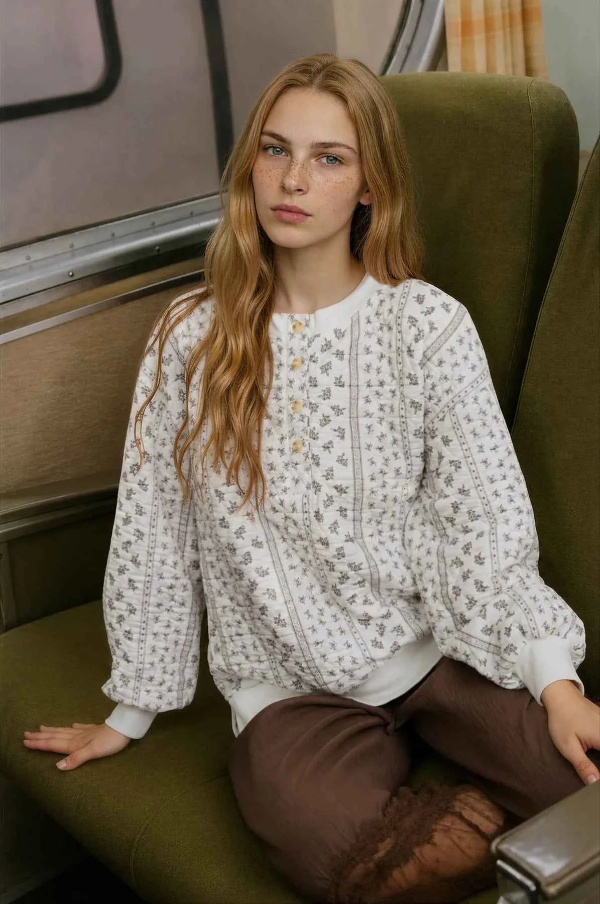 FLORAL STRIPE HENLEY QUILTED JACKET