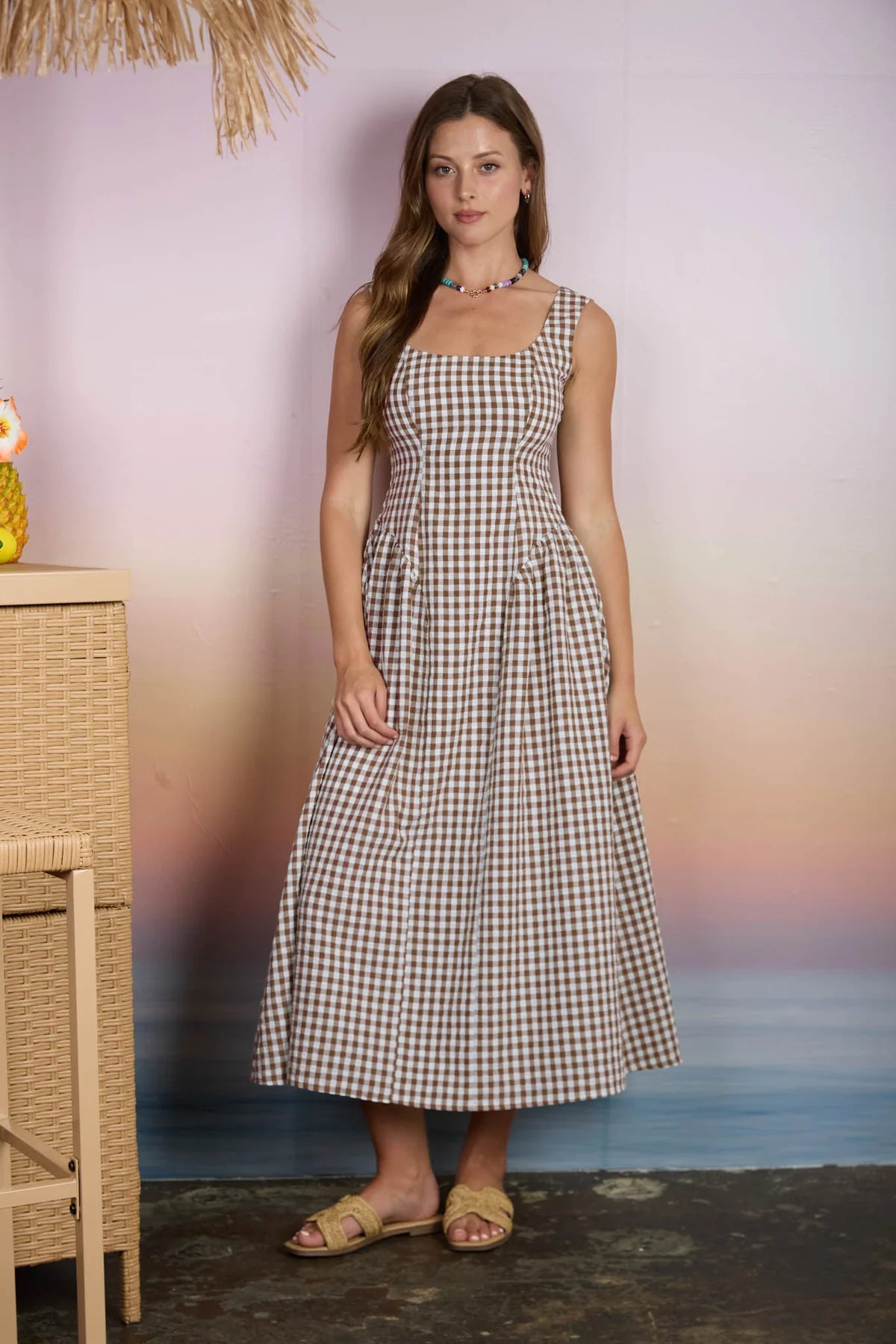 Brown Plaid Basque Midi Dress