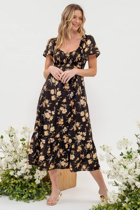 Fall Flower Smocked Midi Dress