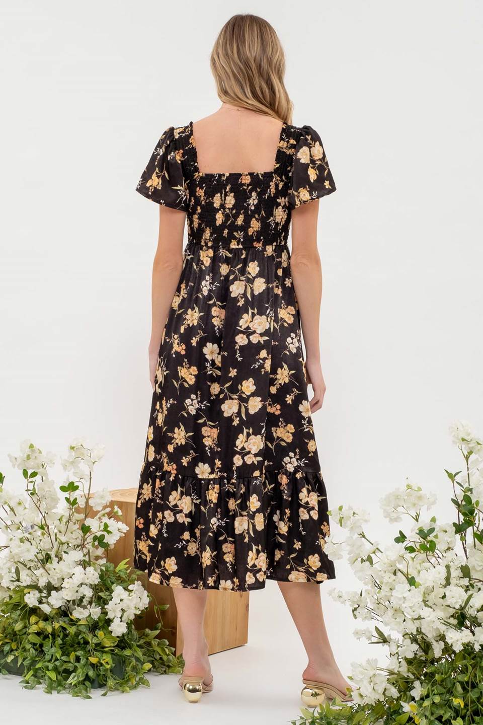 Fall Flower Smocked Midi Dress