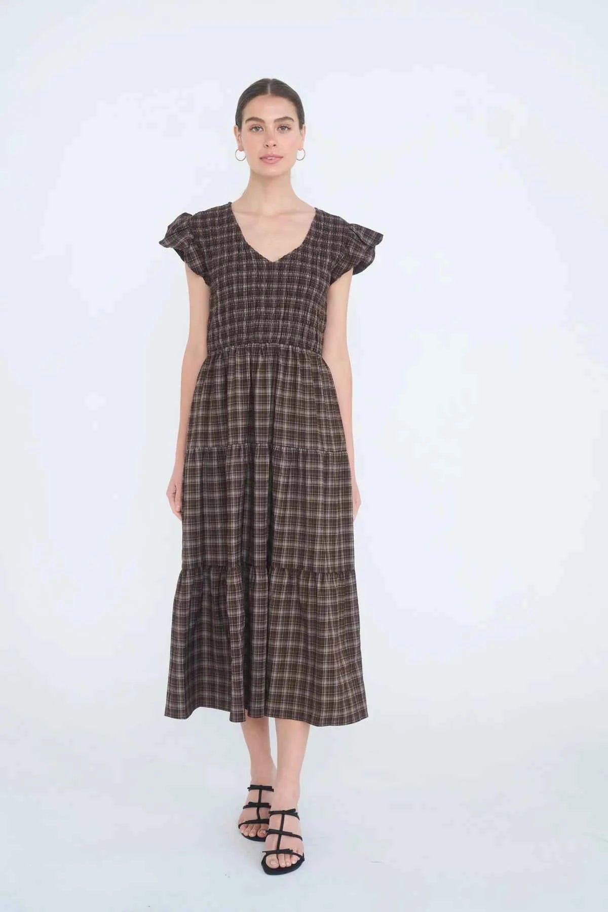 Brown Plaid Midi Dress