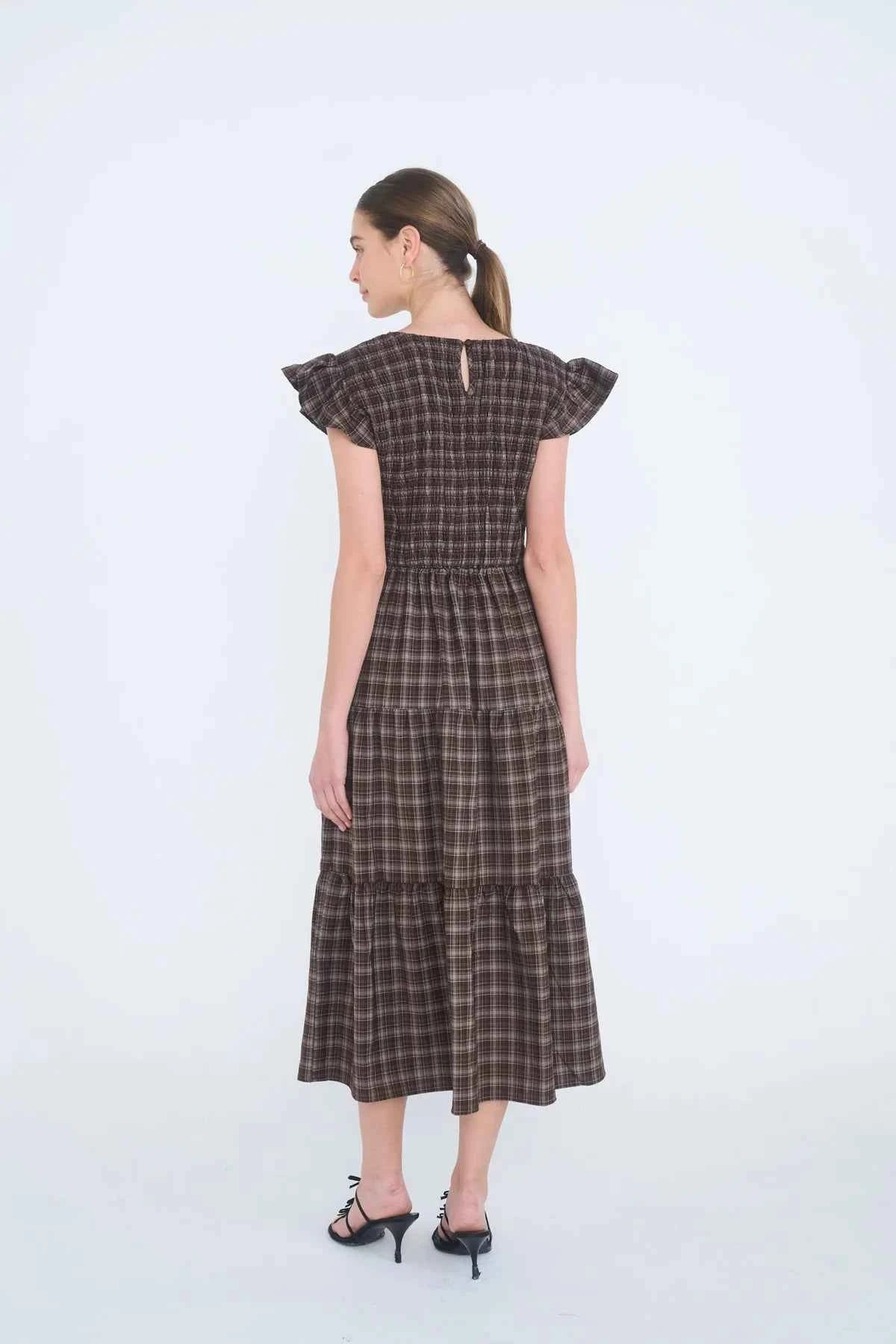 Brown Plaid Midi Dress