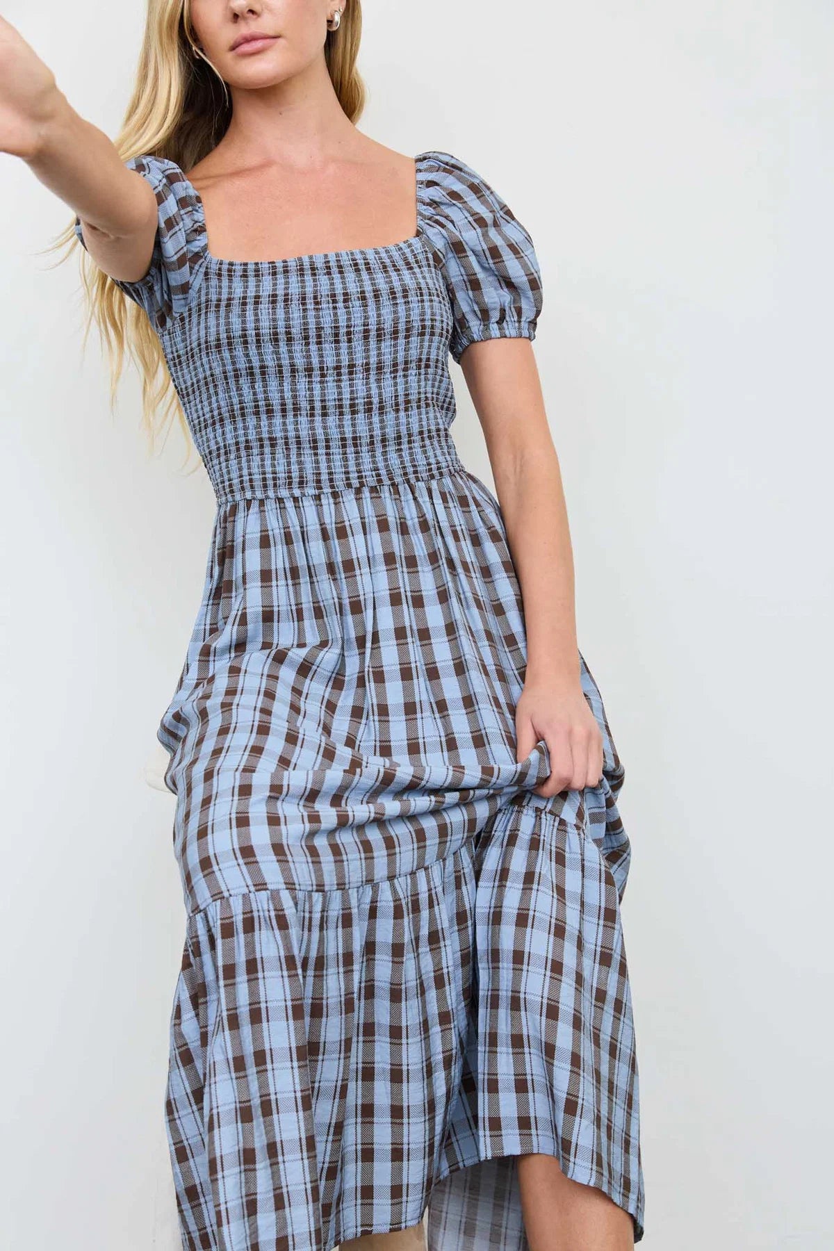 Dusty Blue & Brown Plaid Charm Midi Dress