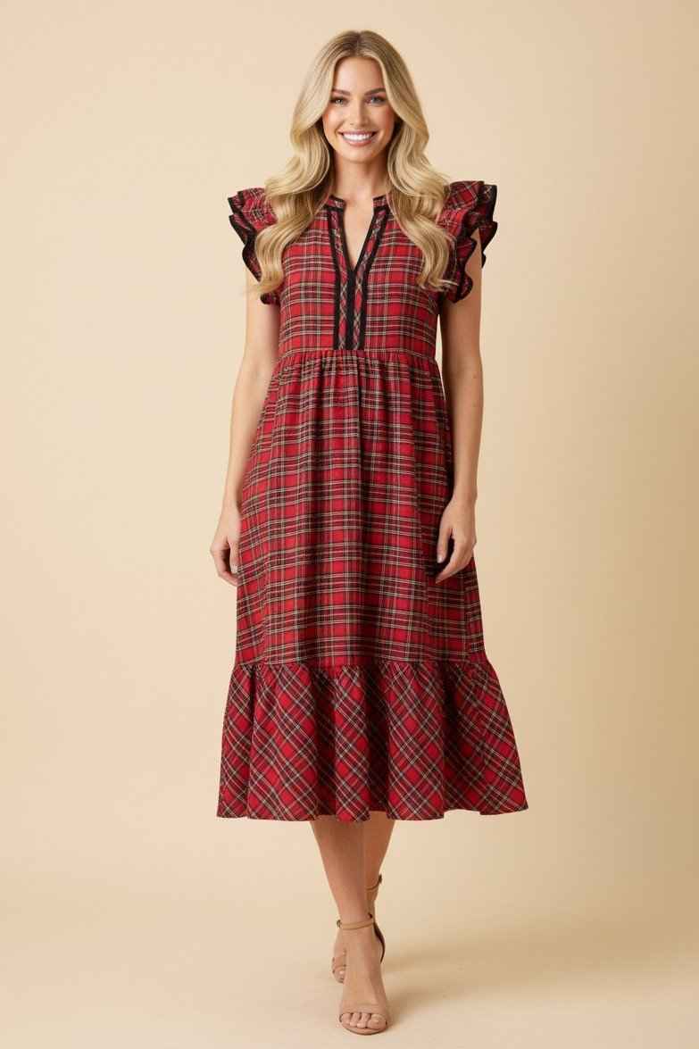 Tartan Plaid Double Ruffle Midi Dress