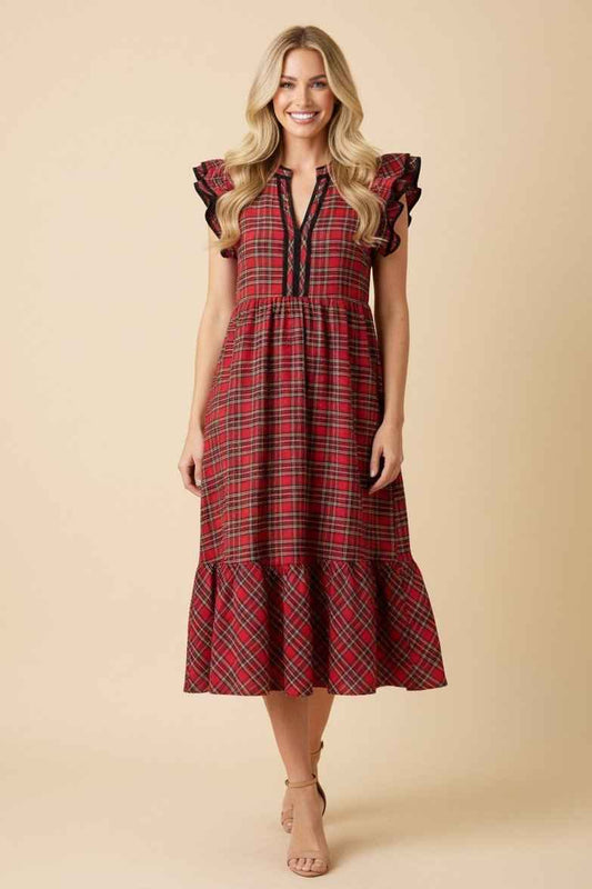 Tartan Plaid Double Ruffle Midi Dress