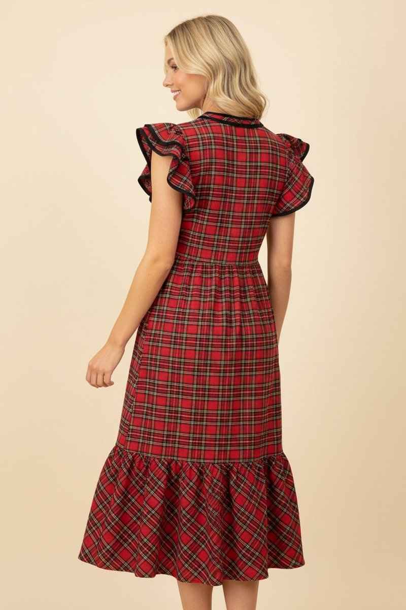 Tartan Plaid Double Ruffle Midi Dress