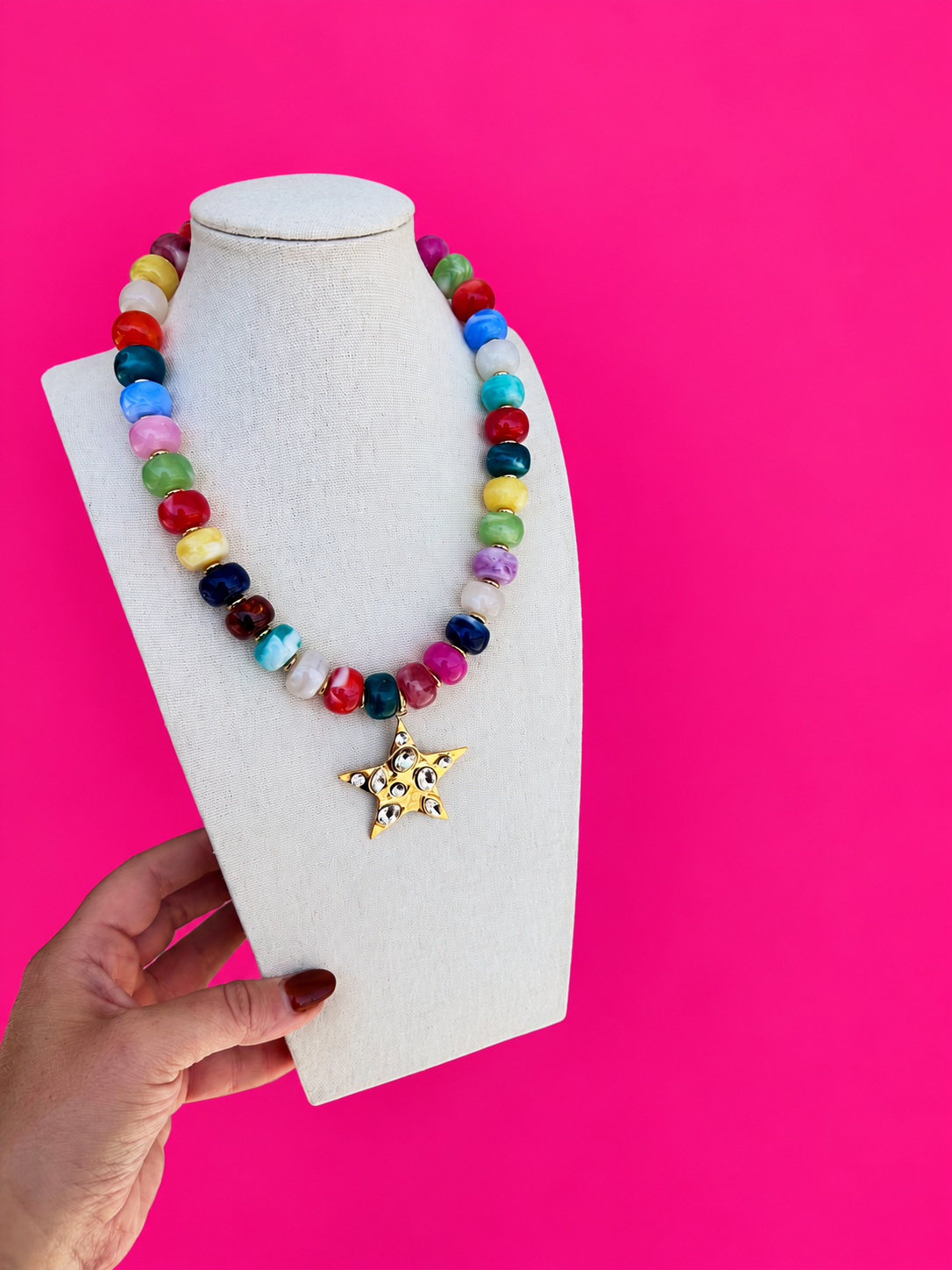 Multi Bead Necklace with Rhinestone Star Charm