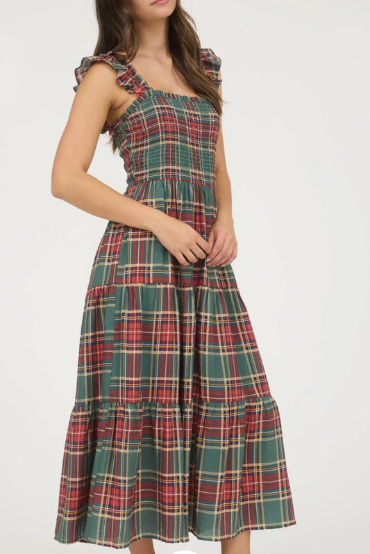 Plaid Smocked Tiered Midi Dress