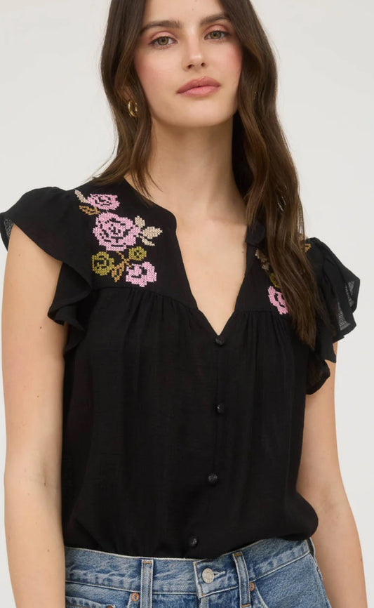 Floral Embroidery Button Down Top