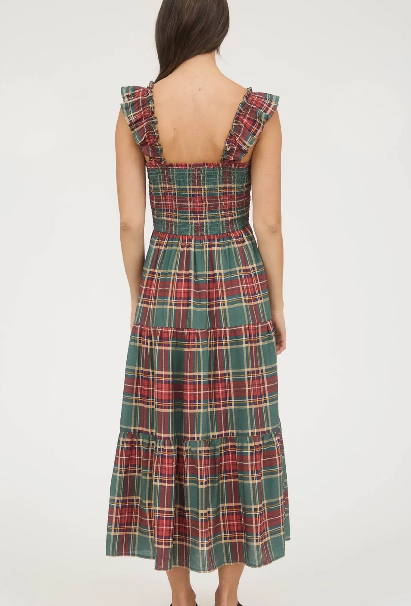Plaid Smocked Tiered Midi Dress