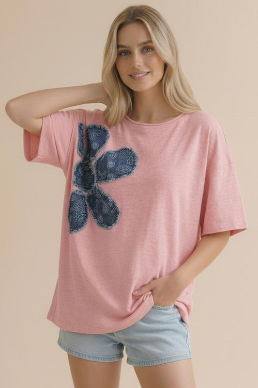 Pink Patch Denim Flower Top