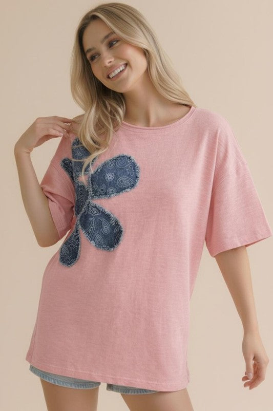 Pink Patch Denim Flower Top