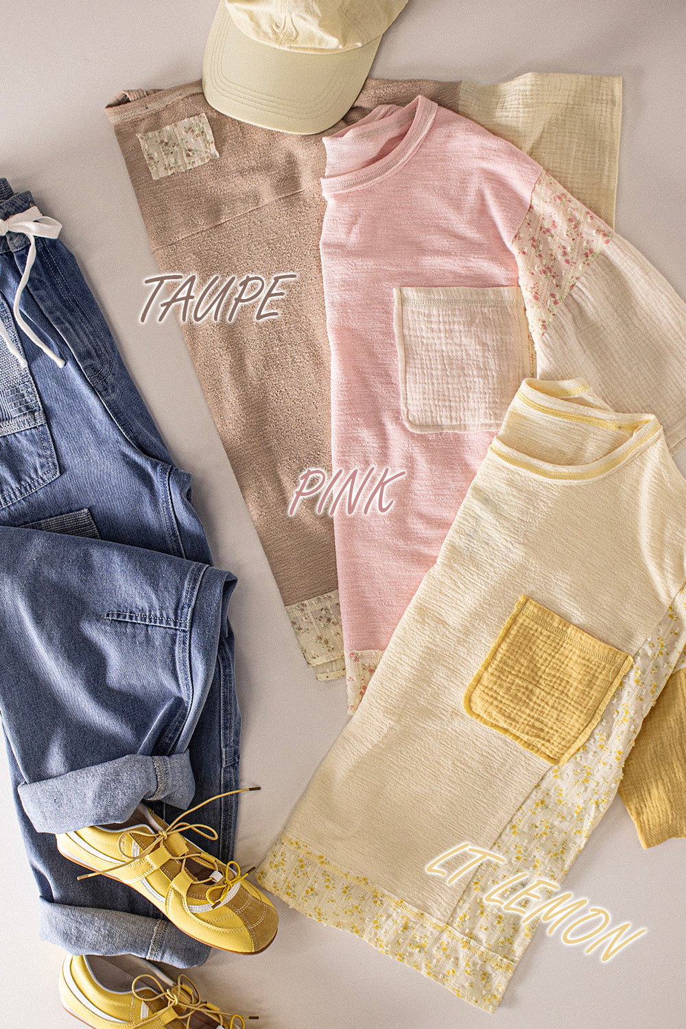 Oversized Mixed Media Knit Top – Floral Patch Pocket Tee (Lt Lemon & Pink)