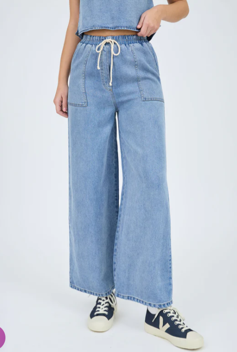 Tie Waist Chambray Wide Leg Pants