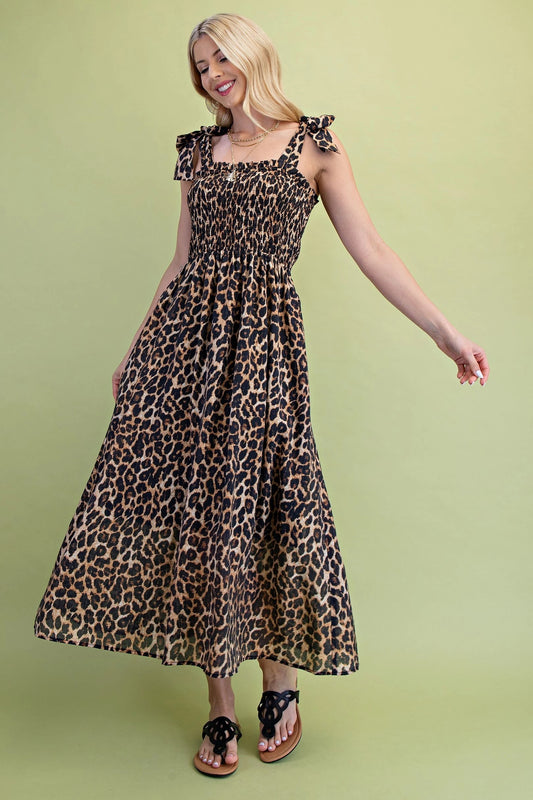 Leopard Midi Dress with Smocked Top and Ribbon Shoulder Ties
