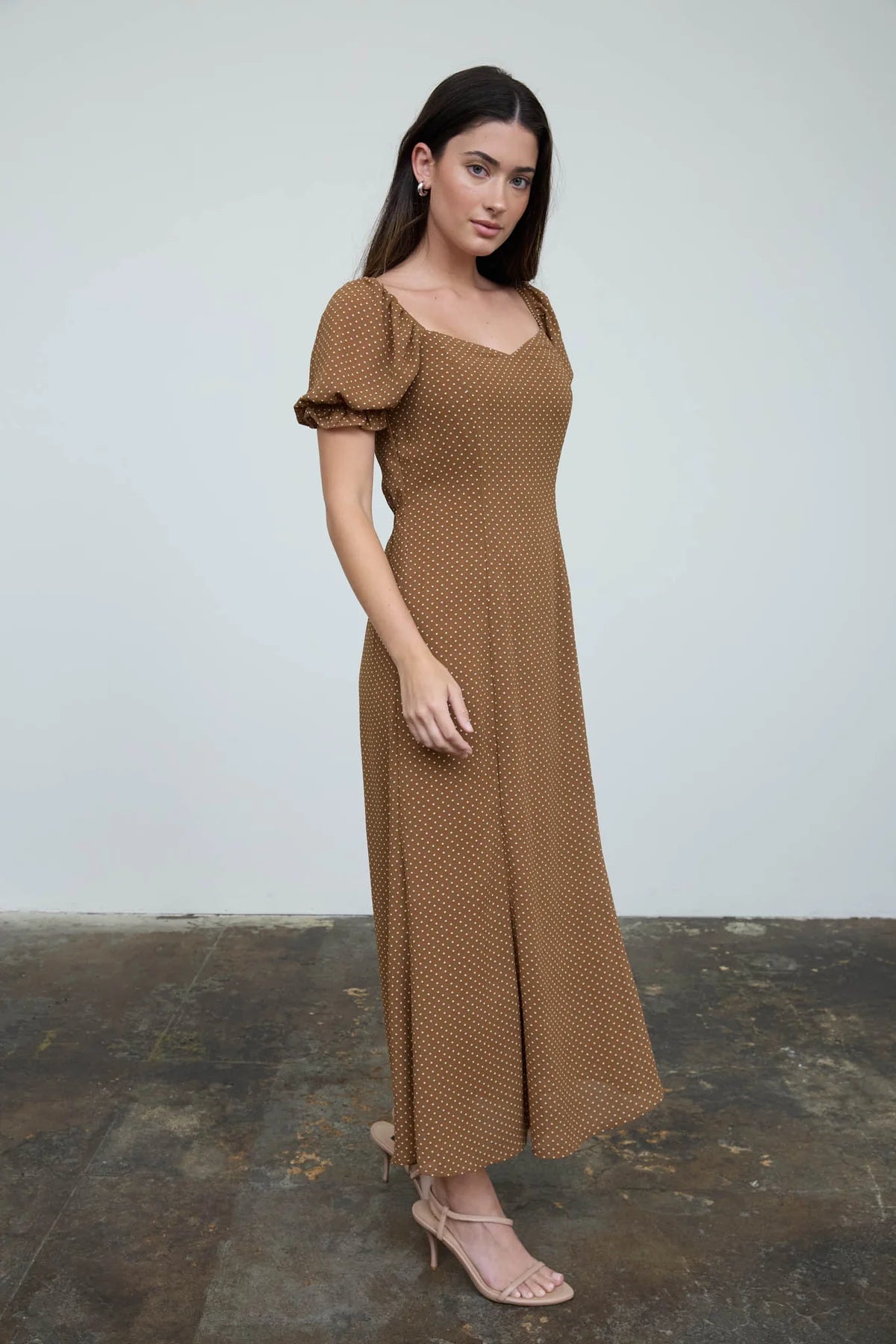 Polka Dot Sweetheart Puff Sleeve Mesh Midi Dress