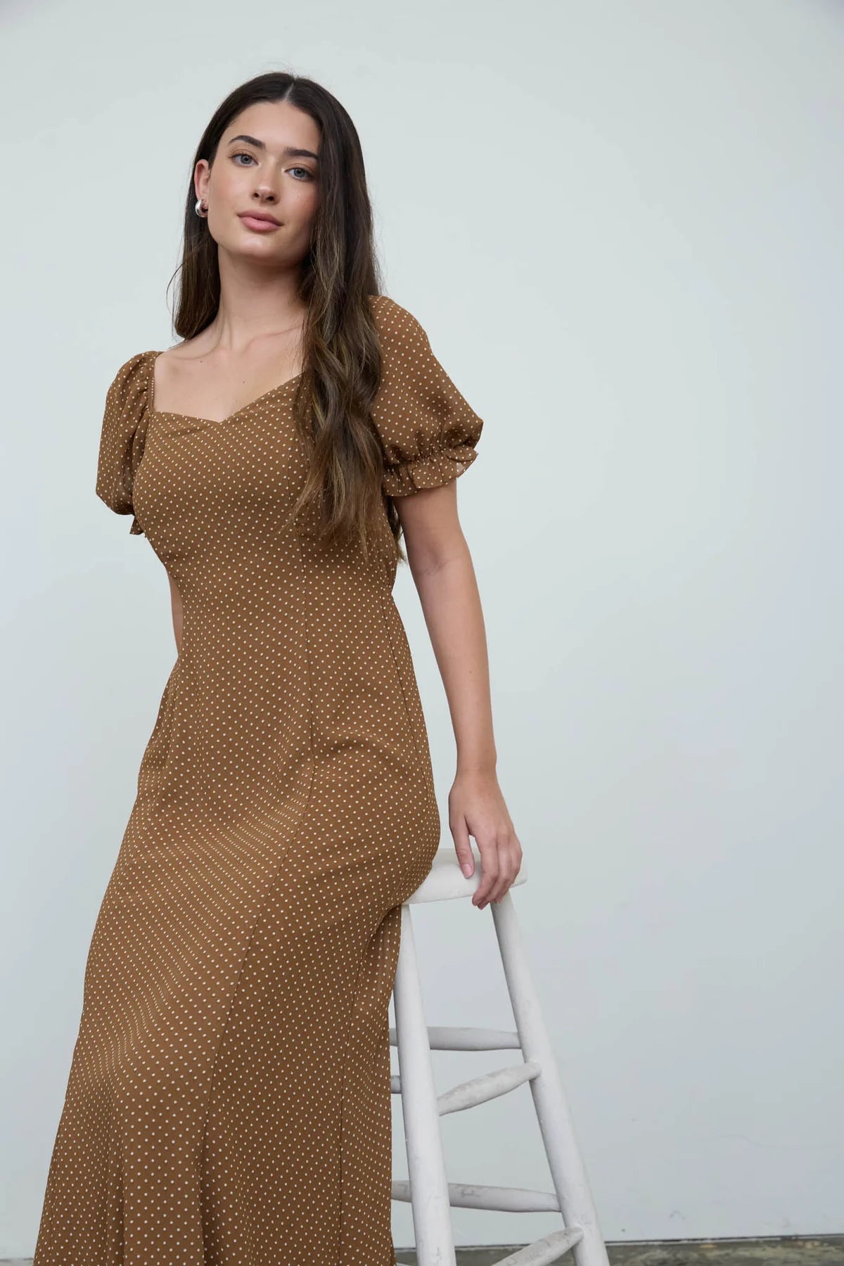 Polka Dot Sweetheart Puff Sleeve Mesh Midi Dress