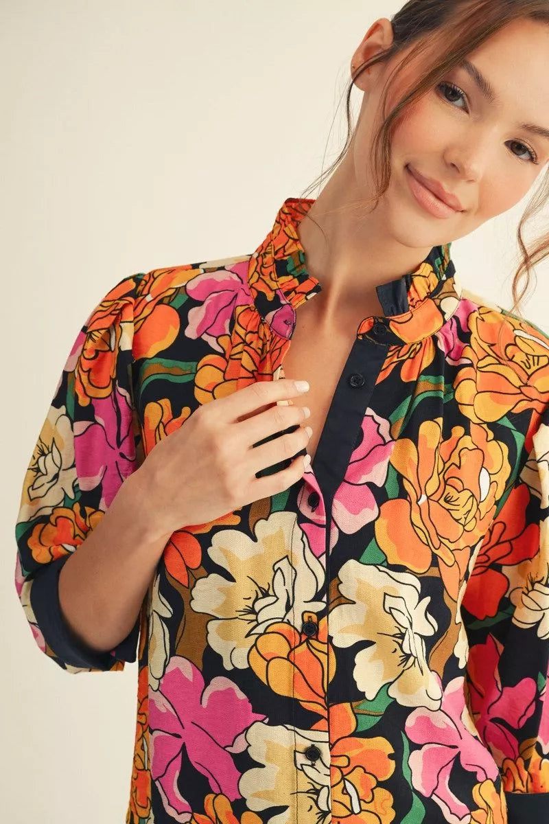 Floral Top with Ruffled Neckline