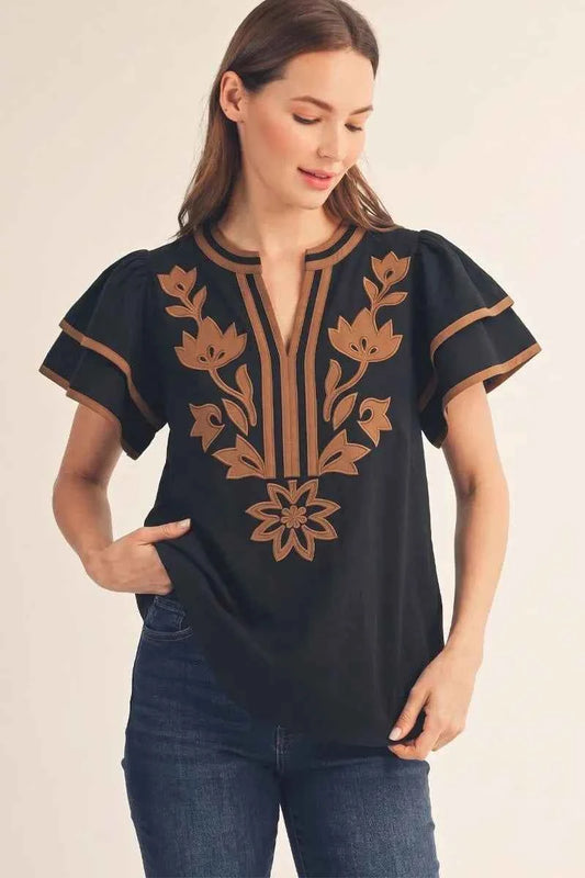 Black Floral Applique Crinkle Top