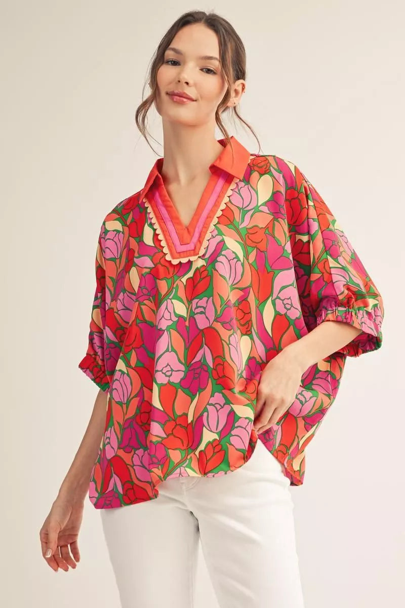 Floral Drop Shoulder Loose Fit Top with Scallop Trim