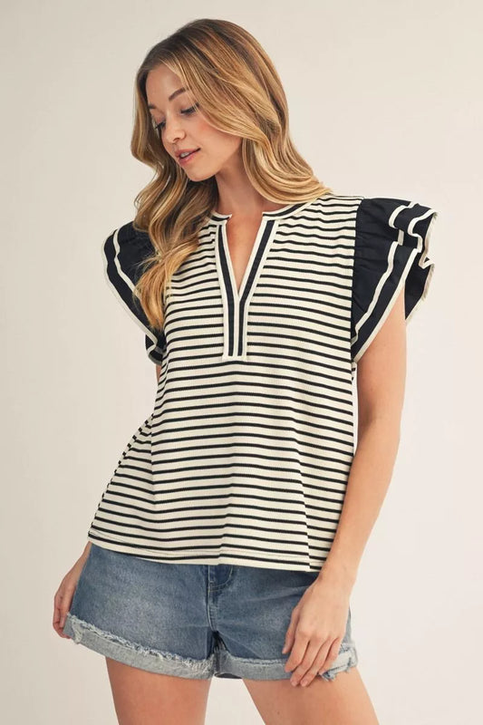 Monroe Stripe Ruffle Sleeve Top