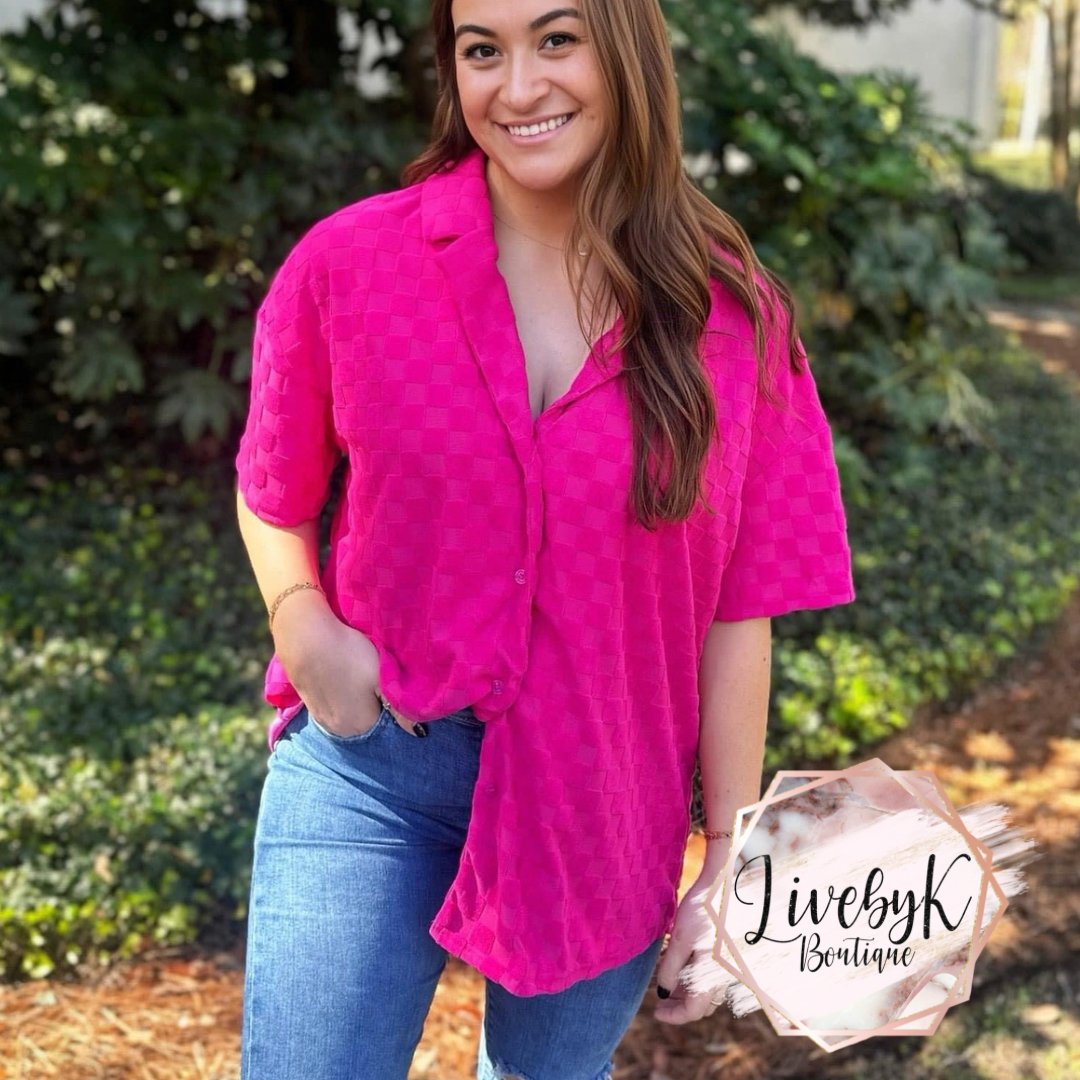 Checkered Hot Pink Button Down Top - Live By K Boutique