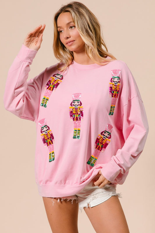 Sequin Nutcrackers Embroidery Holiday Christmas Pullover