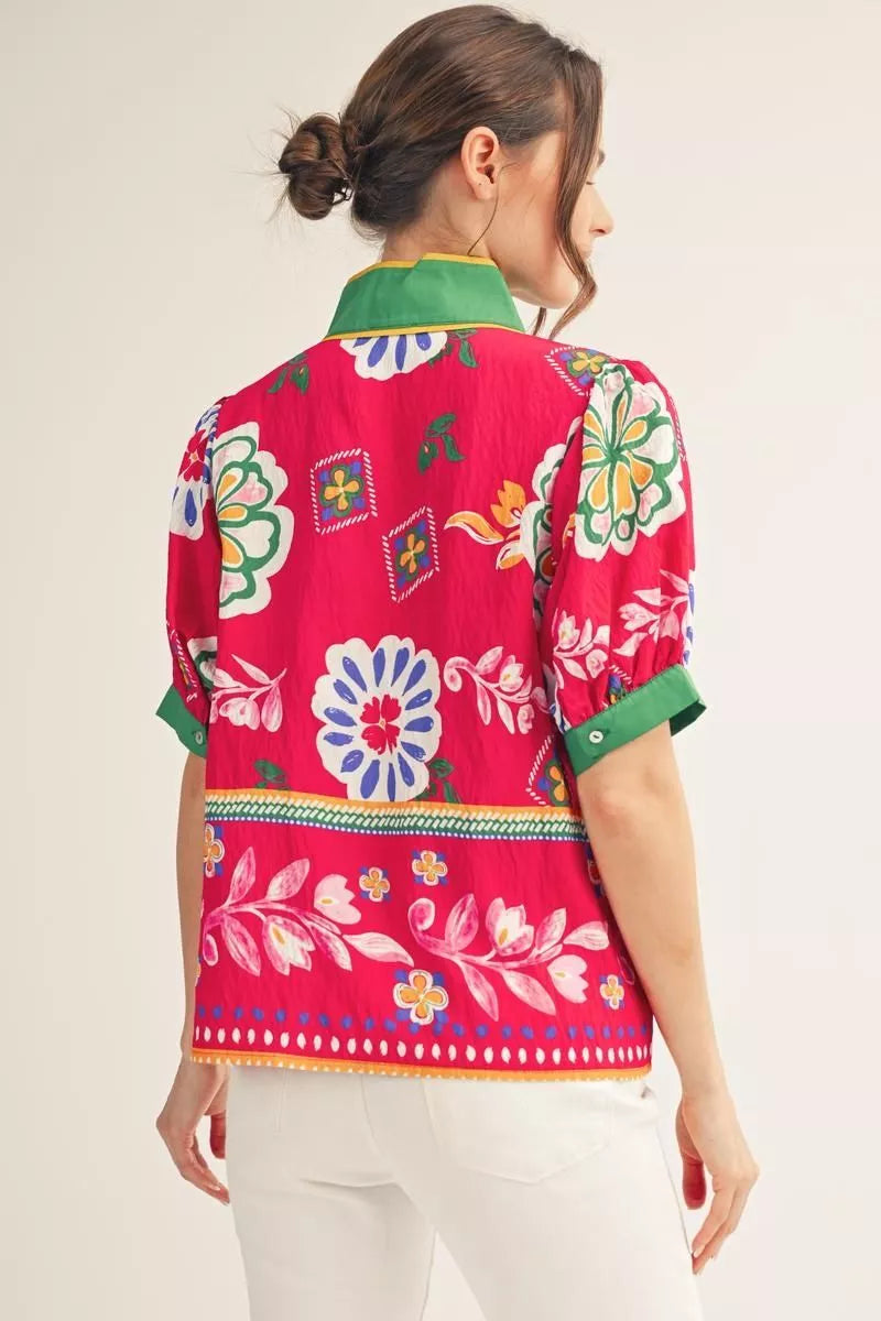 Fuchsia Bloom Boho Puff Sleeve Top