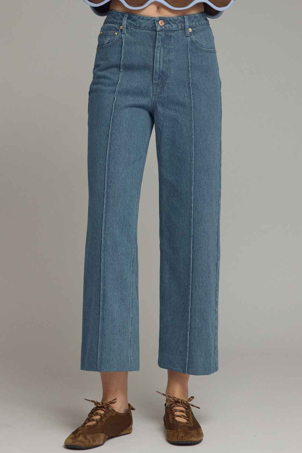 Solid Denim Front Seam Straight Leg Pants