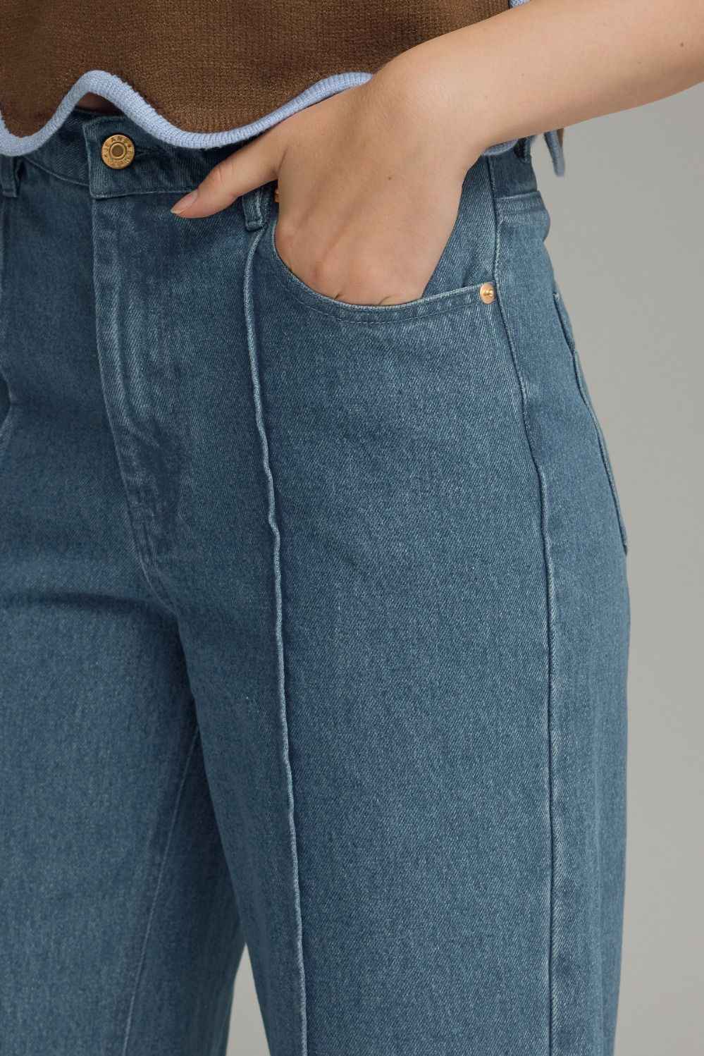 Solid Denim Front Seam Straight Leg Pants