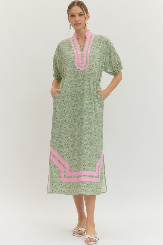 Green Floral Print Midi Dress with Pink Contrast Trim
