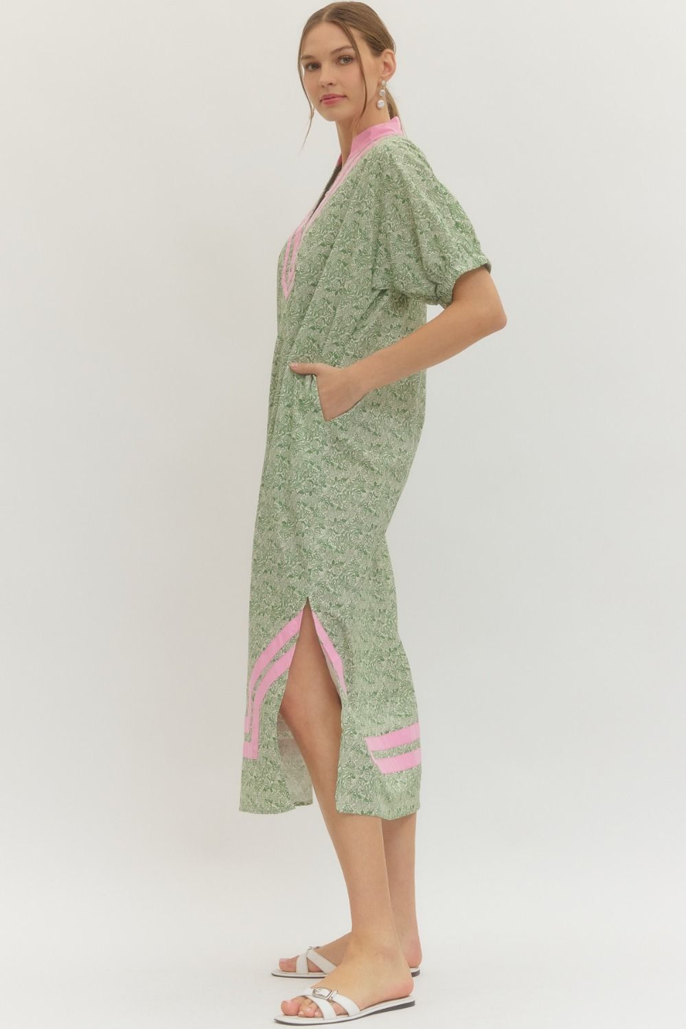 Green Floral Print Midi Dress with Pink Contrast Trim
