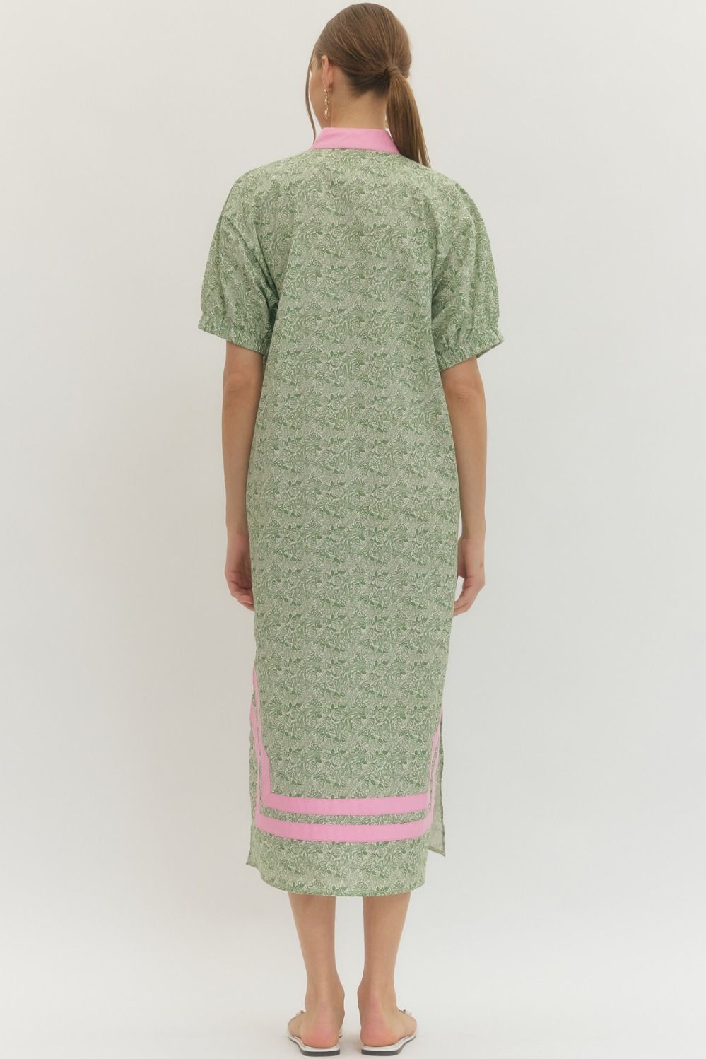 Green Floral Print Midi Dress with Pink Contrast Trim
