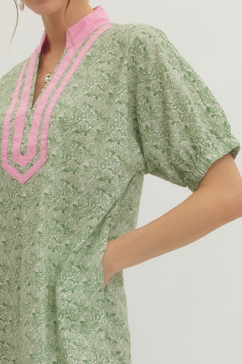 Green Floral Print Midi Dress with Pink Contrast Trim