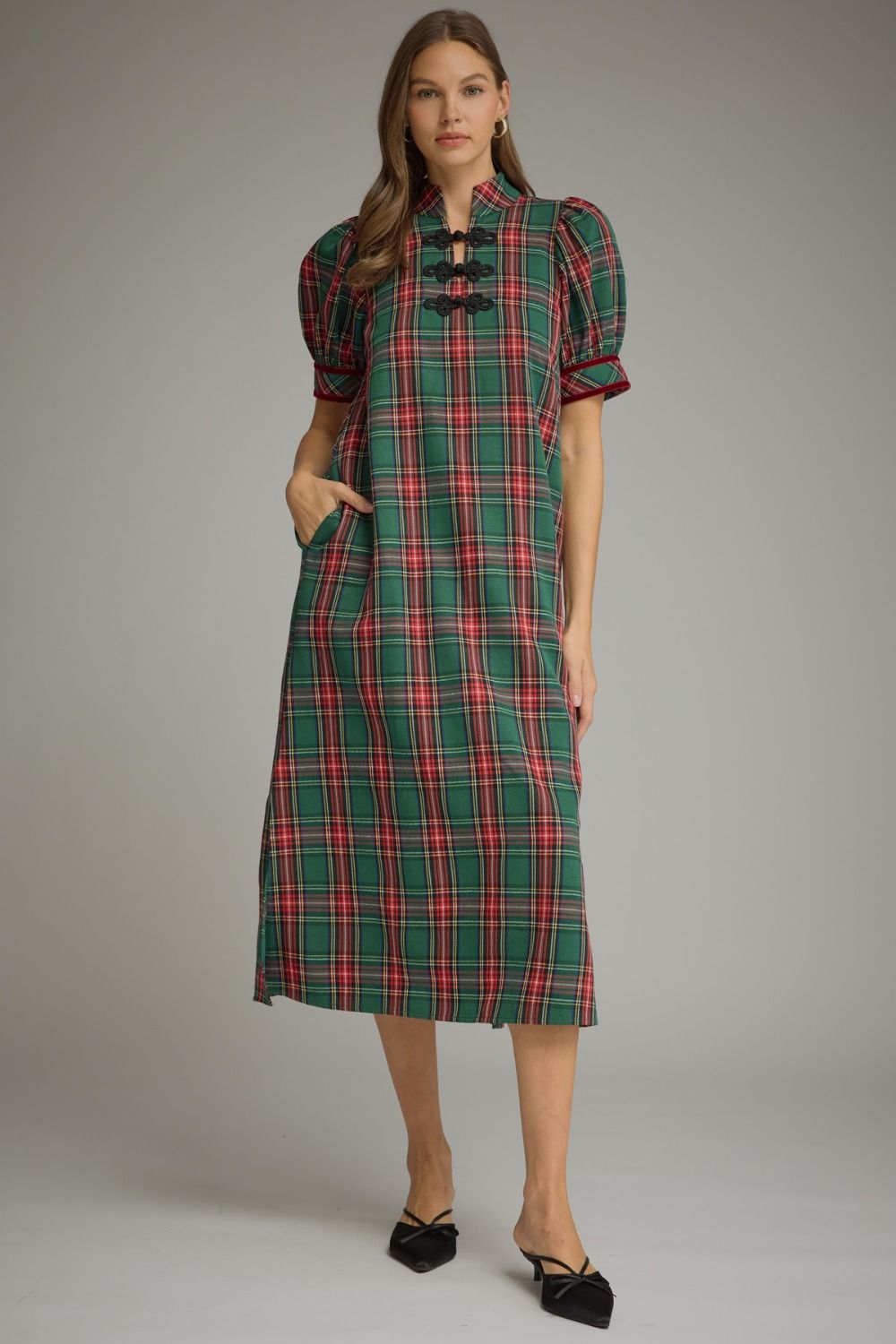Green Tartan Plaid Puff Sleeve Midi Dress