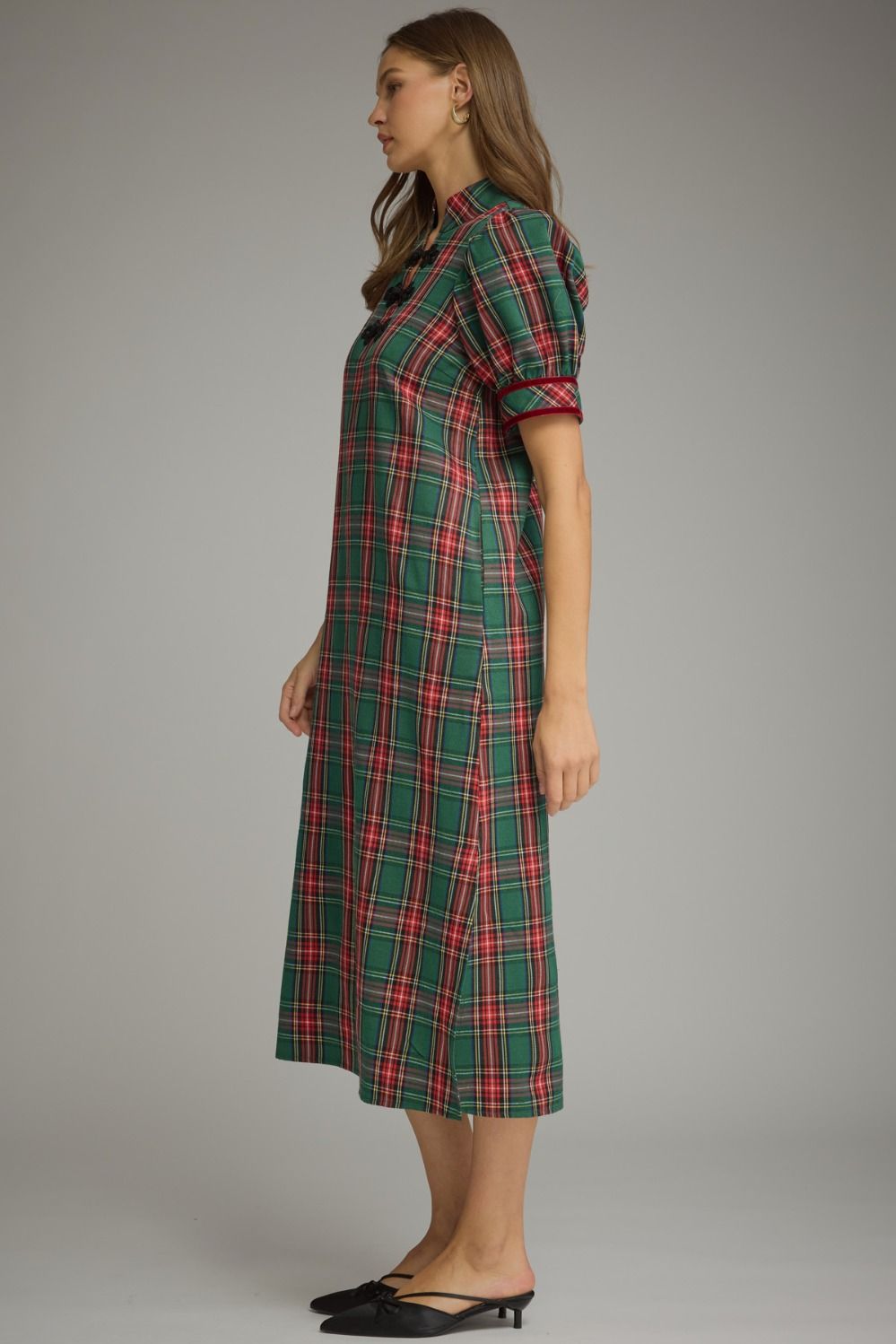 Green Tartan Plaid Puff Sleeve Midi Dress