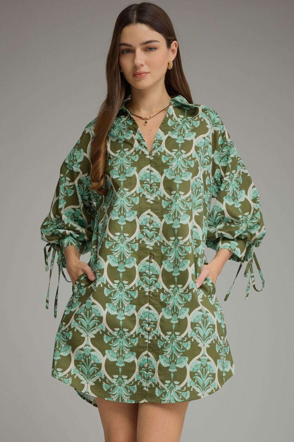 Olive Floral Print Balloon Sleeve Mini Dress