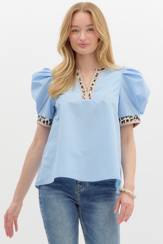 Blue Leopard Trim Detail Top