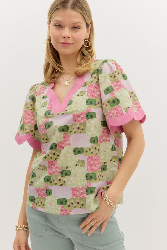 Abstract Print Scalloped Top
