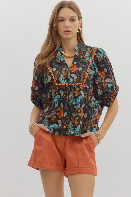 Autumn Leaf Print Puff Sleeve Top