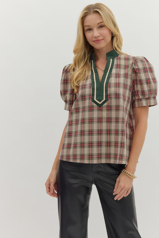 Beige Holiday Plaid Top