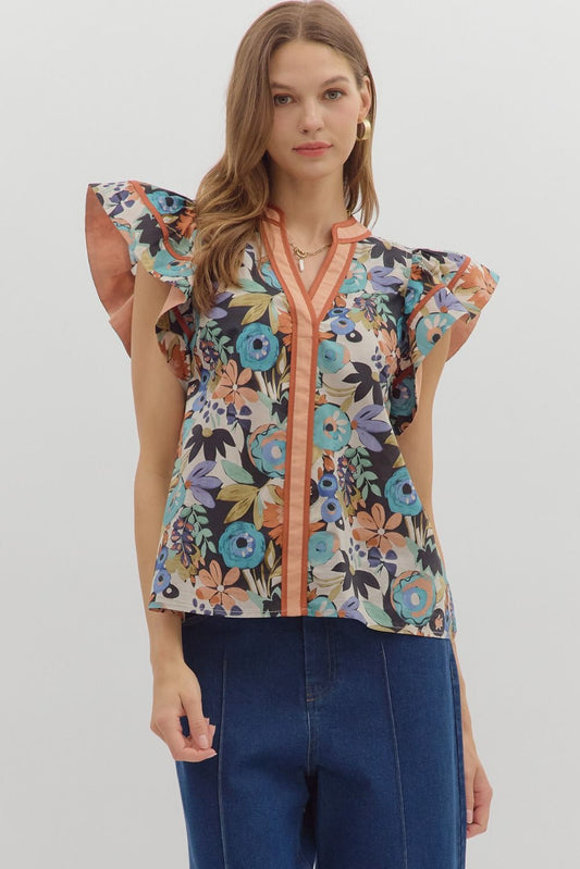 Autumn Bloom: Multi-Floral Flutter Sleeve Top
