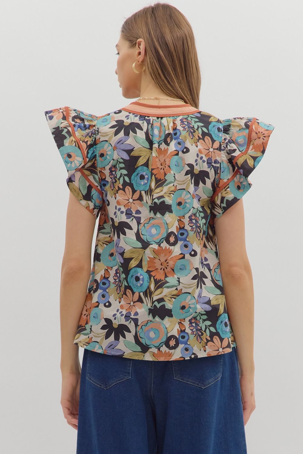 Autumn Bloom: Multi-Floral Flutter Sleeve Top