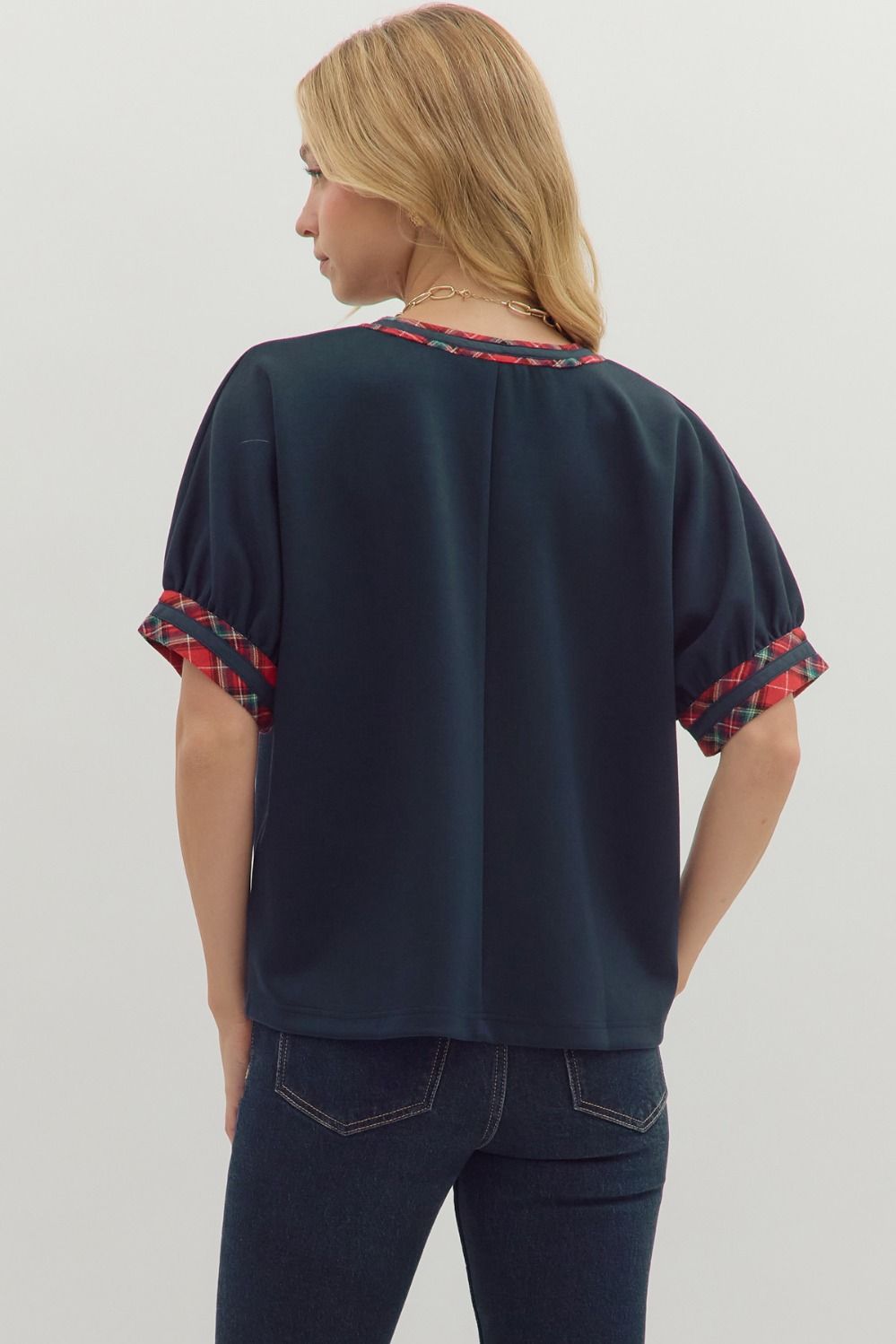 Navy Holiday Plaid Trim Top
