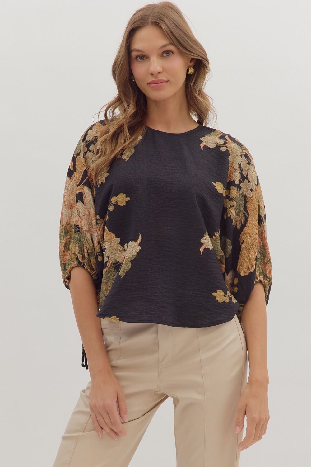 Black Botanical Puff Sleeve Top